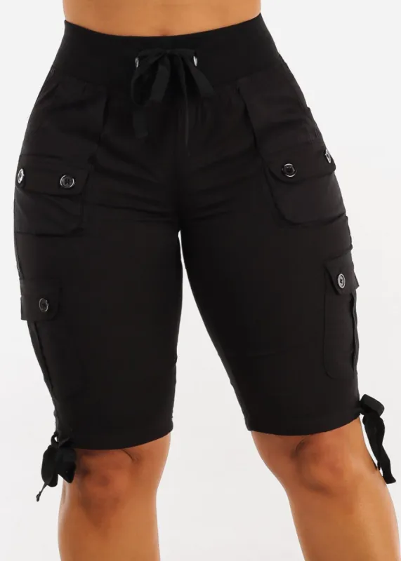 Black High Waist Drawstring Cargo Bermuda Shorts sold by Moda
