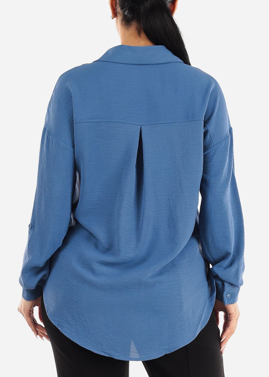 Long Sleeve Relaxed Fit Collared Blouse Blue sold by Moda product image thumbnail 4
