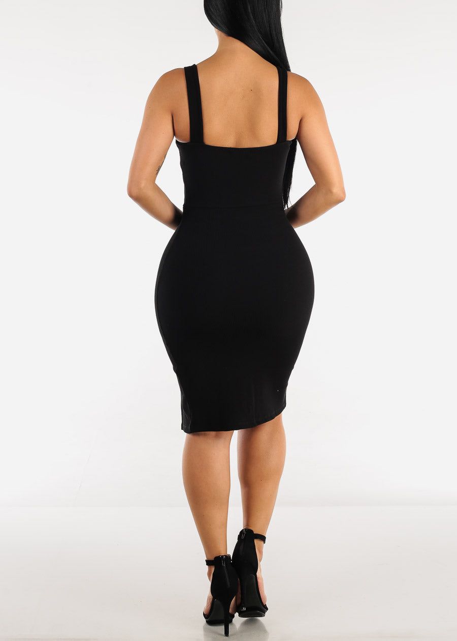 Black Square Neck Sleeveless Bodycon Dress w Front Side Slit sold by Moda product image thumbnail 3