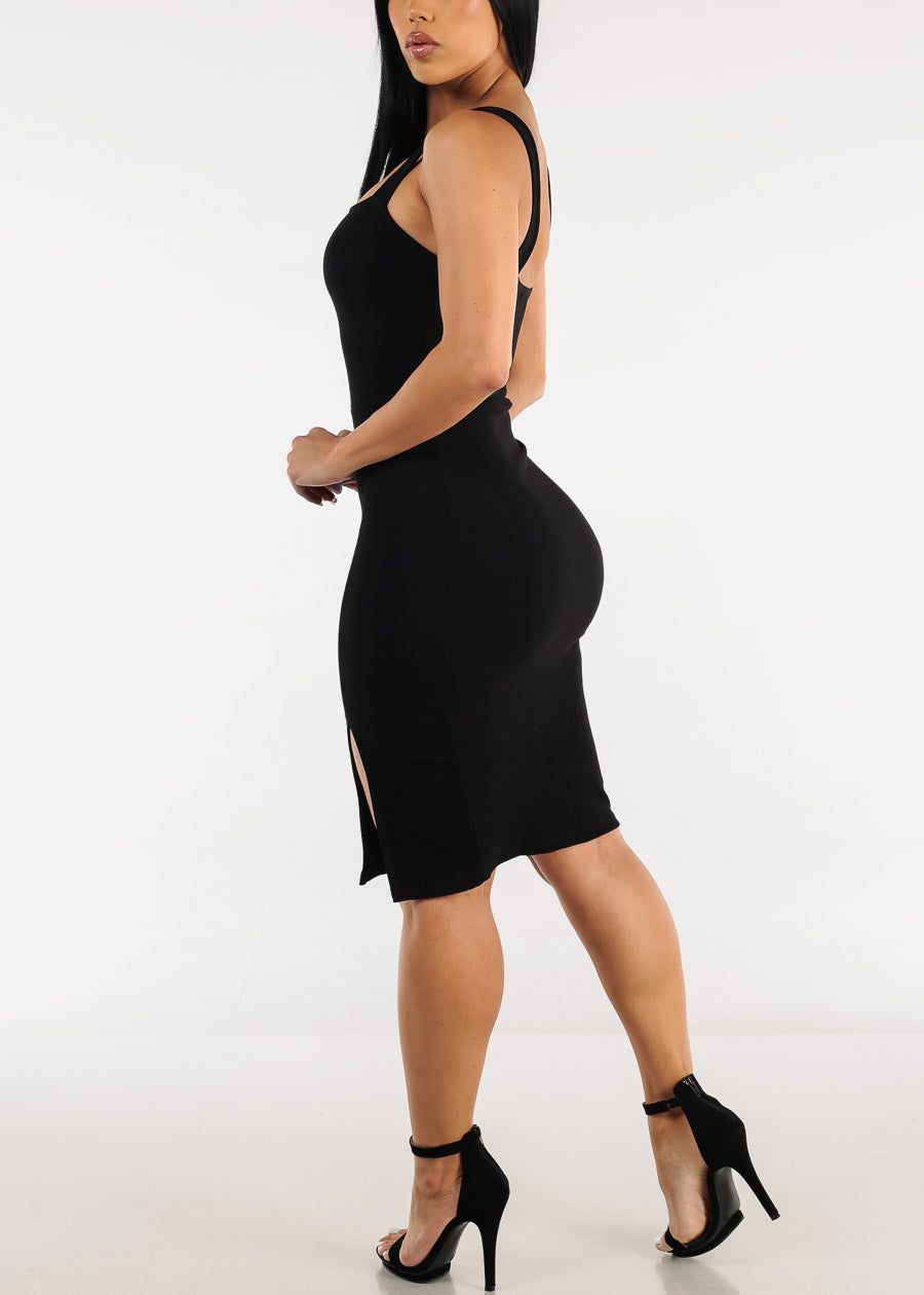 Black Square Neck Sleeveless Bodycon Dress w Front Side Slit sold by Moda product image thumbnail 4