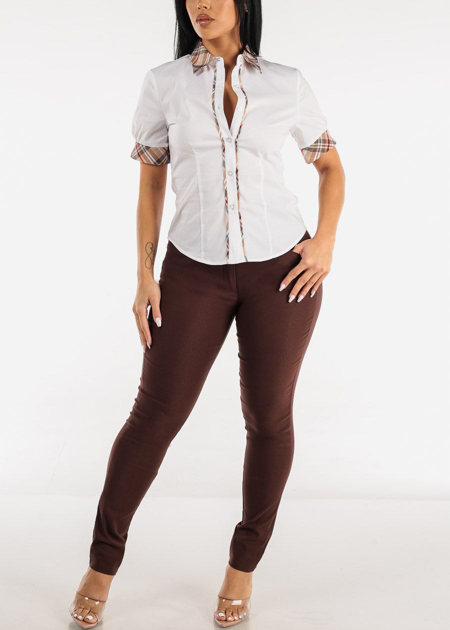 Short Sleeve White Button Up Shirt w Plaid Trim sold by Moda product image thumbnail 2