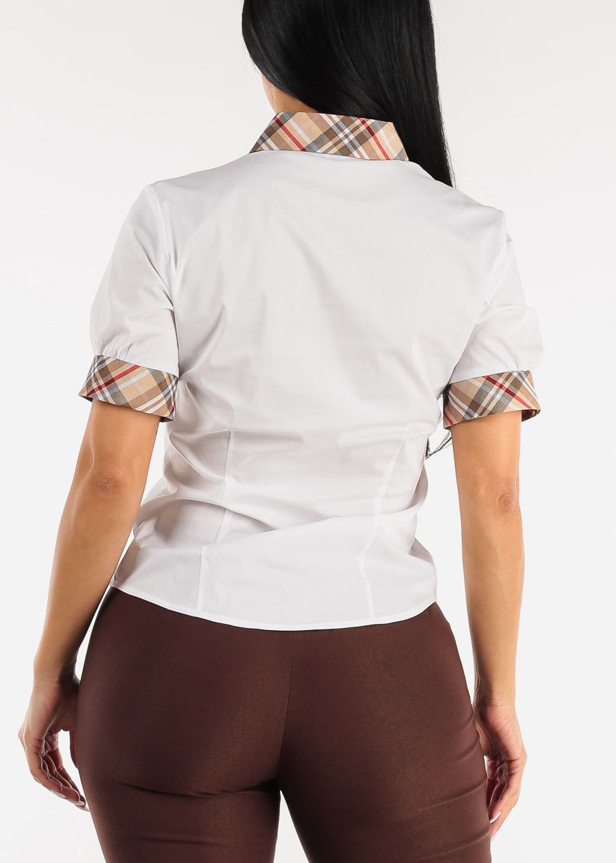 Short Sleeve White Button Up Shirt w Plaid Trim sold by Moda product image thumbnail 4