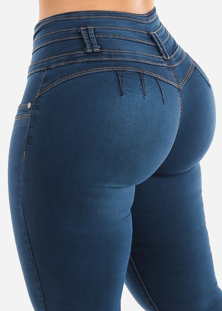 Butt Lifting Mid Rise Dark Blue Skinny Jeans sold by Moda