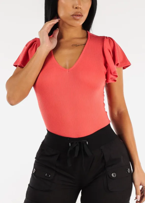 Short Sleeve Vneck Flutter Top Coral sold by Moda