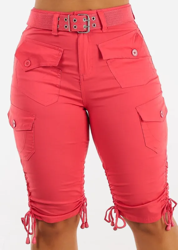 High Waisted Cargo Bermuda Shorts Coral w Belt sold by Moda