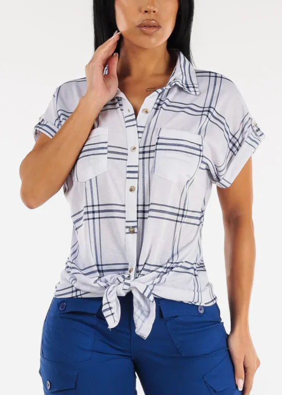 Short Sleeve Tie Front Button Up Plaid Shirt White sold by Moda