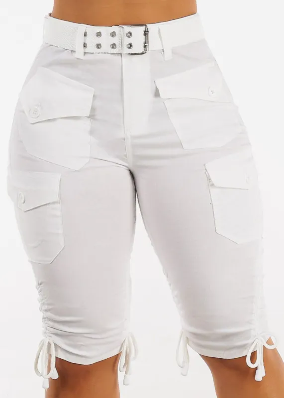 High Waisted White Cargo Bermuda Shorts w Belt sold by Moda