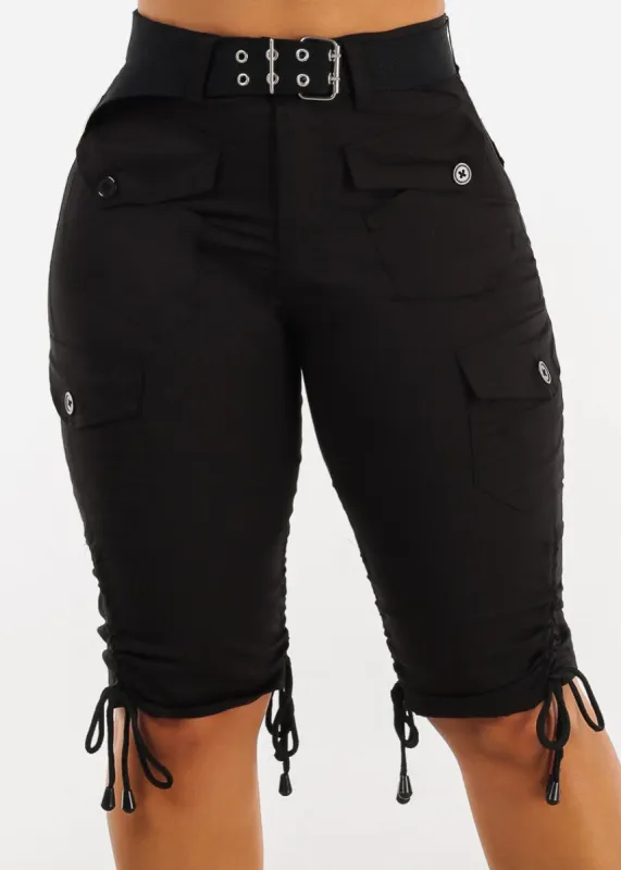 High Waisted Black Cargo Bermuda Shorts w Belt sold by Moda