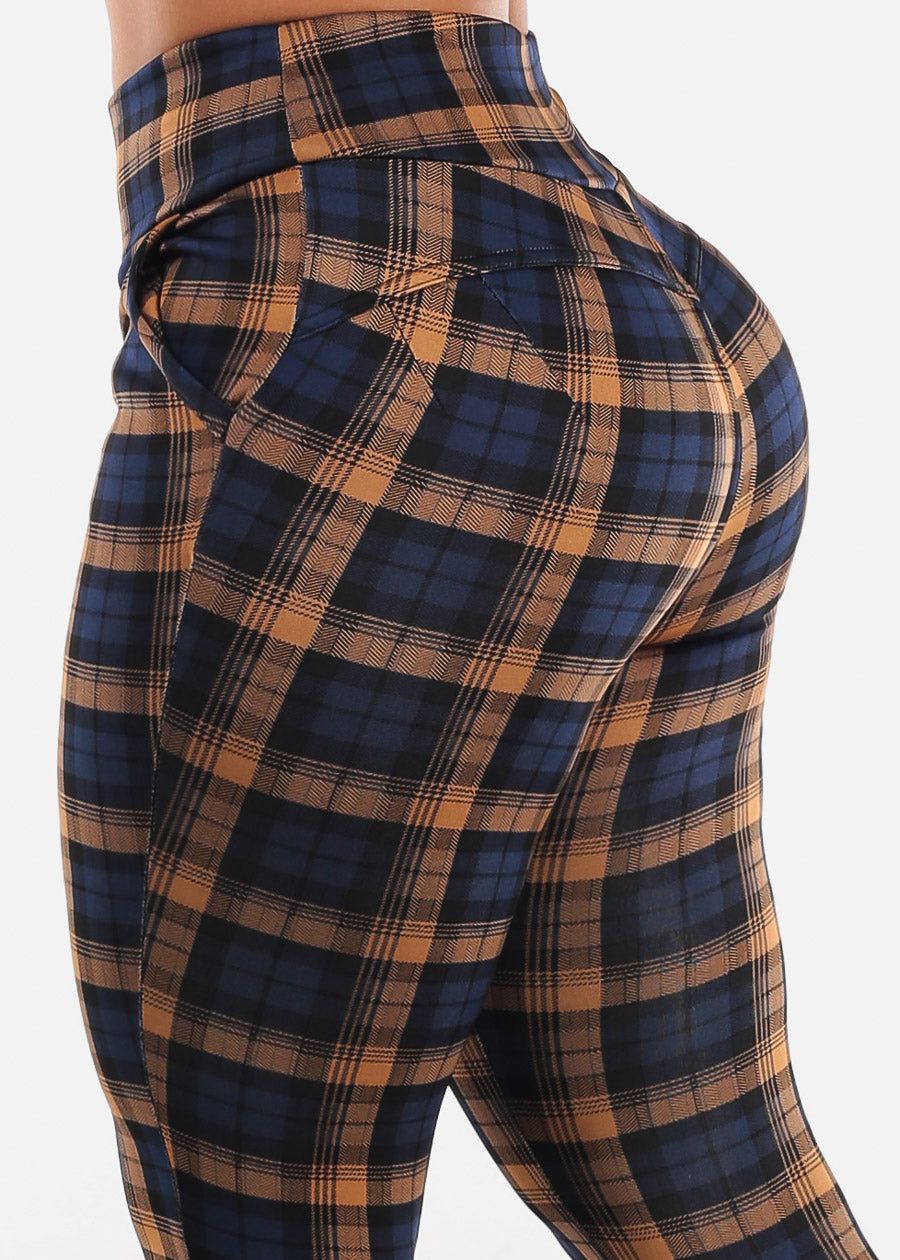 Navy Butt Lifting Plaid Skinny Pants sold by Moda
