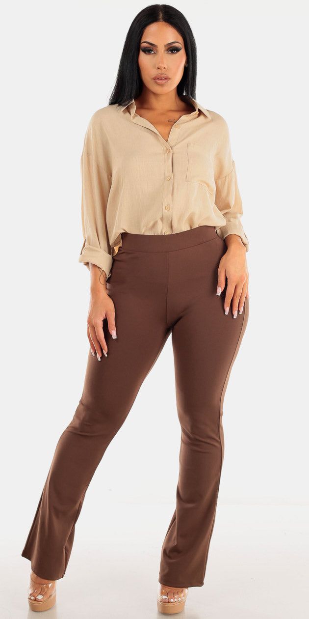 Brown High Rise Flared Dress pants with Long Sleeve Button Up Beige Shirt sold by Moda