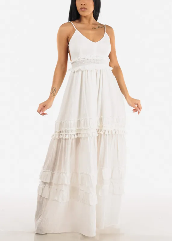 White Open Back Smock Waist Maxi Dress sold by Moda