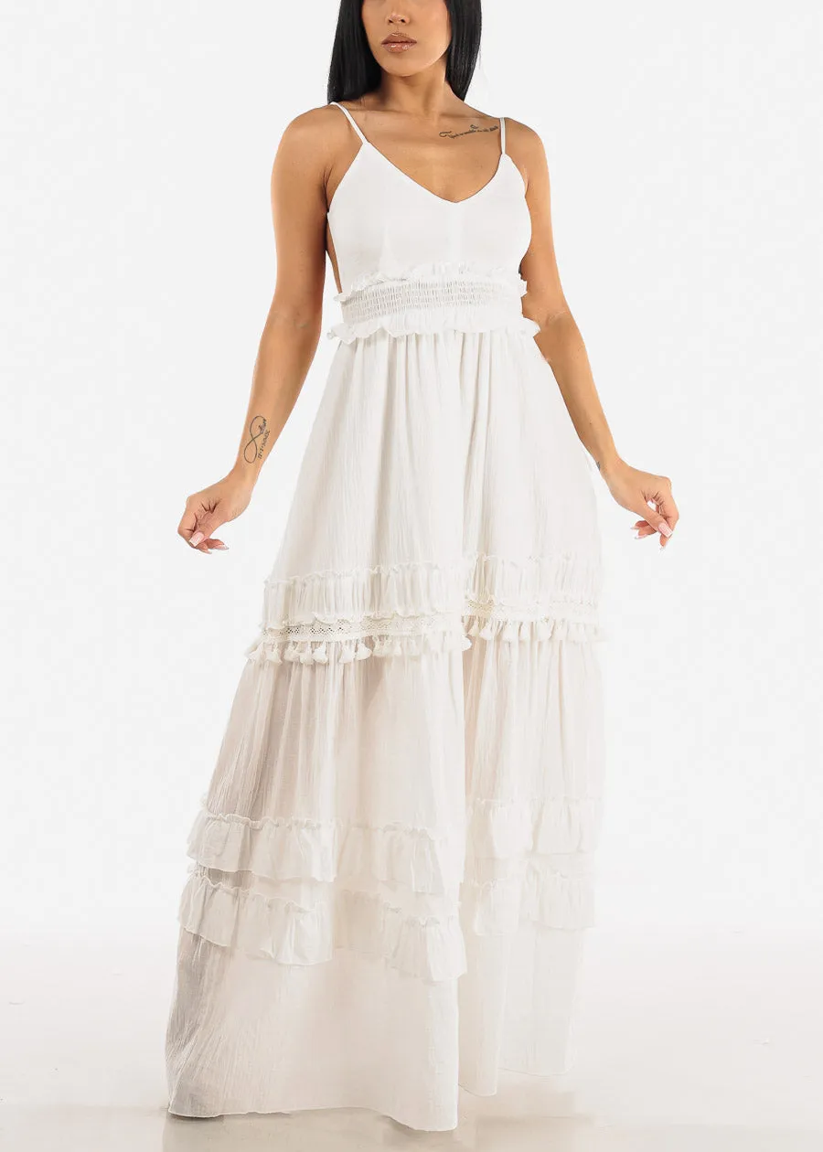 White Open Back Smock Waist Maxi Dress sold by Moda