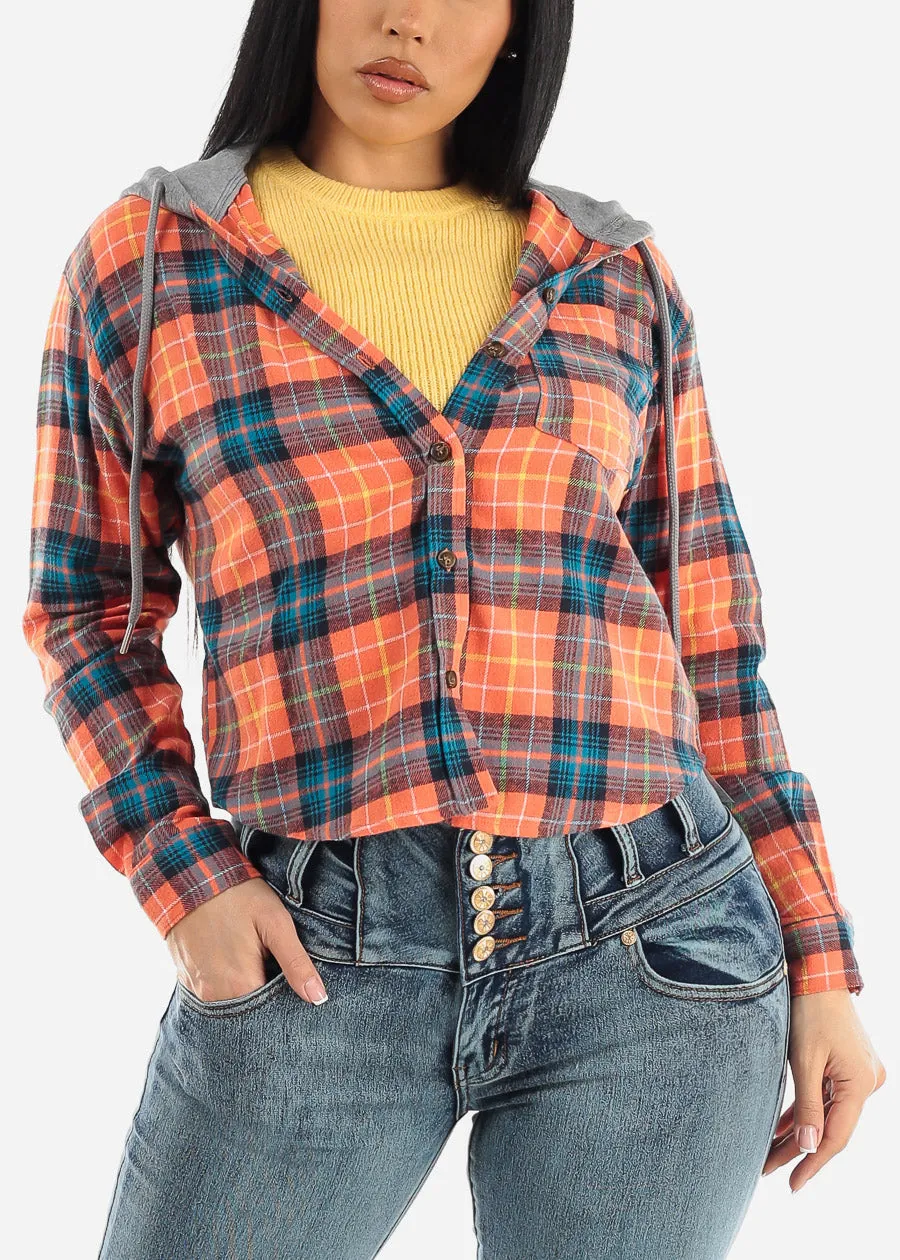 Cropped Long Sleeve Plaid Hooded Shacket Blue & Orange sold by Moda product image thumbnail 3