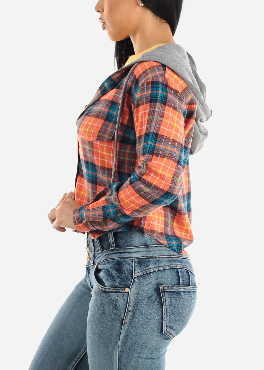 Cropped Long Sleeve Plaid Hooded Shacket Blue & Orange sold by Moda product image thumbnail 4