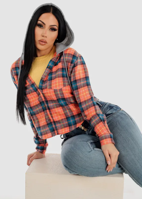 Cropped Long Sleeve Plaid Hooded Shacket Blue & Orange sold by Moda