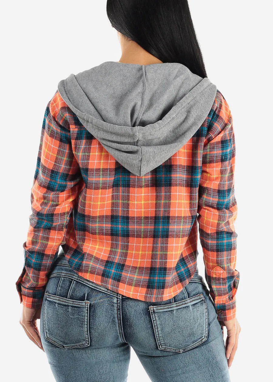 Cropped Long Sleeve Plaid Hooded Shacket Blue & Orange sold by Moda product image thumbnail 5