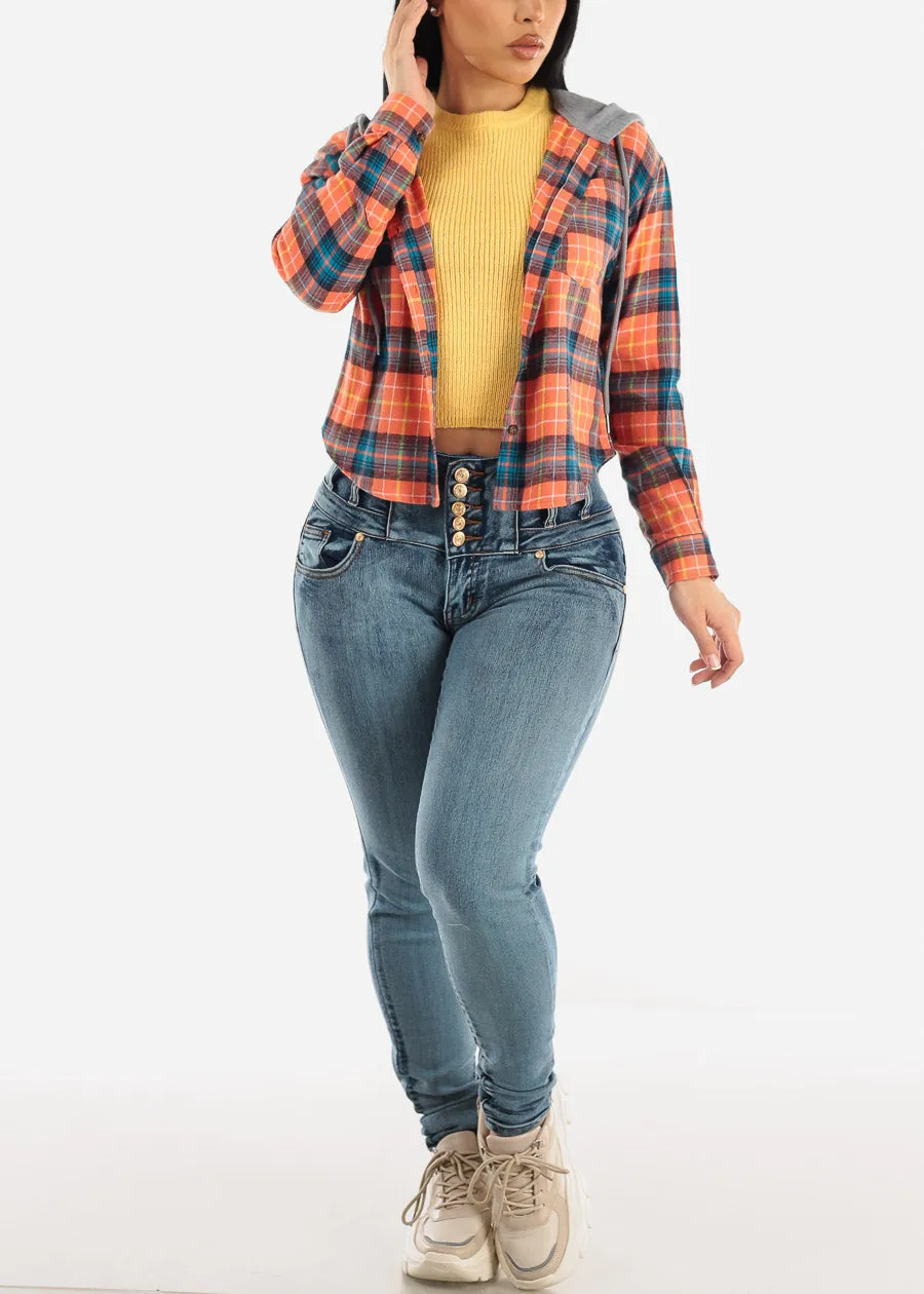 Cropped Long Sleeve Plaid Hooded Shacket Blue & Orange sold by Moda product image thumbnail 2
