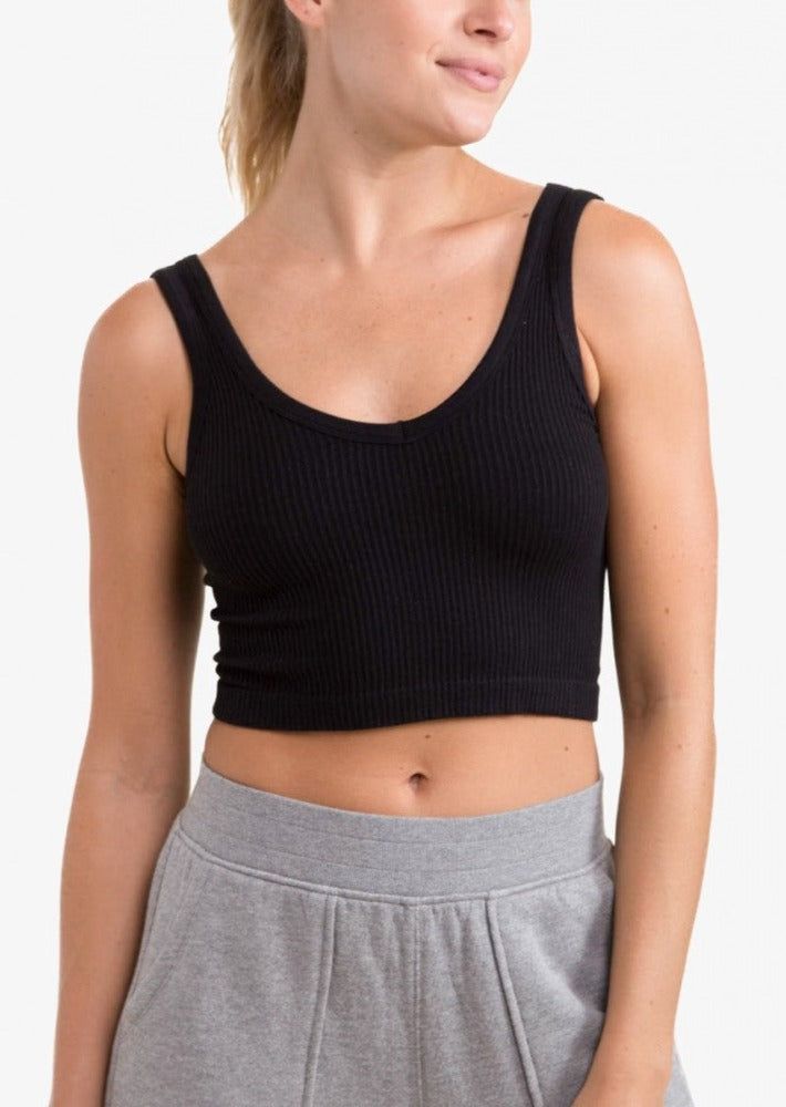 MONO B Black Ribbed Seamless Cropped Tank Top sold by Moda