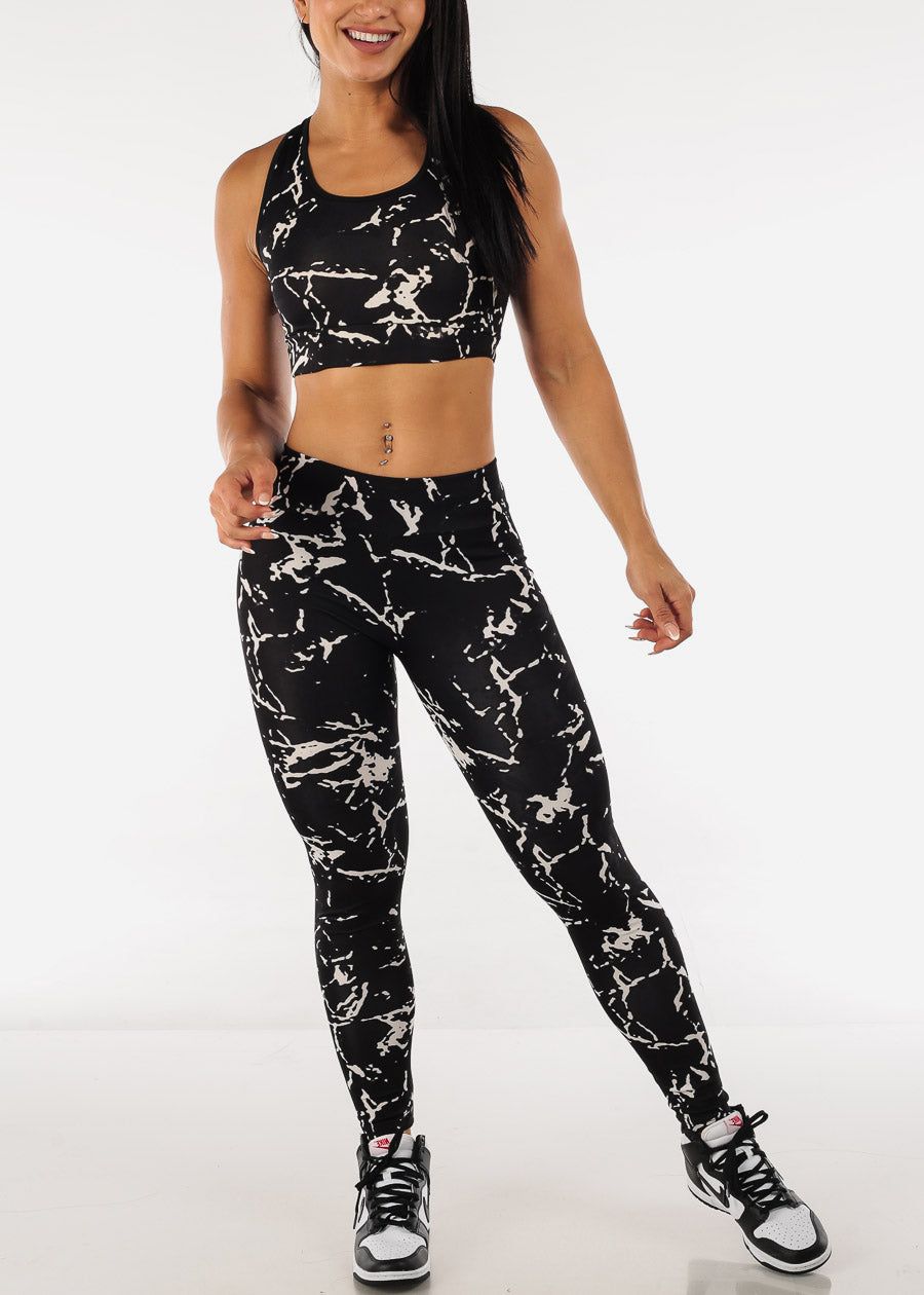 Black Printed High Rise Leggings with Matching Sports Bra (2 PCE SET) sold by Moda