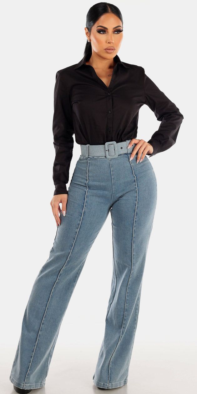 Blue Wide Leg Black Bodysuit Combo sold by Moda