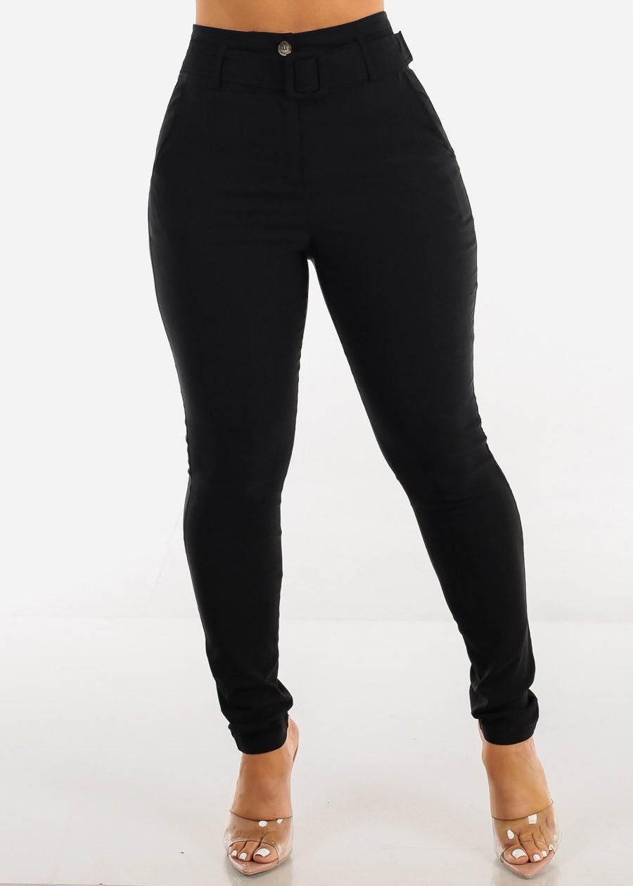 Black High Waisted Belted Skinny Pants sold by Moda
