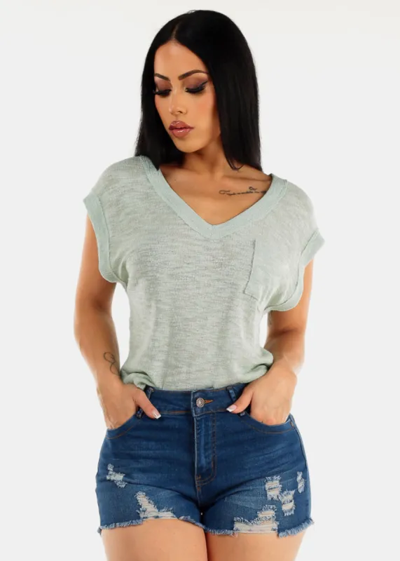 Short Sleeve Vneck Soft Knit Top Mint sold by Moda