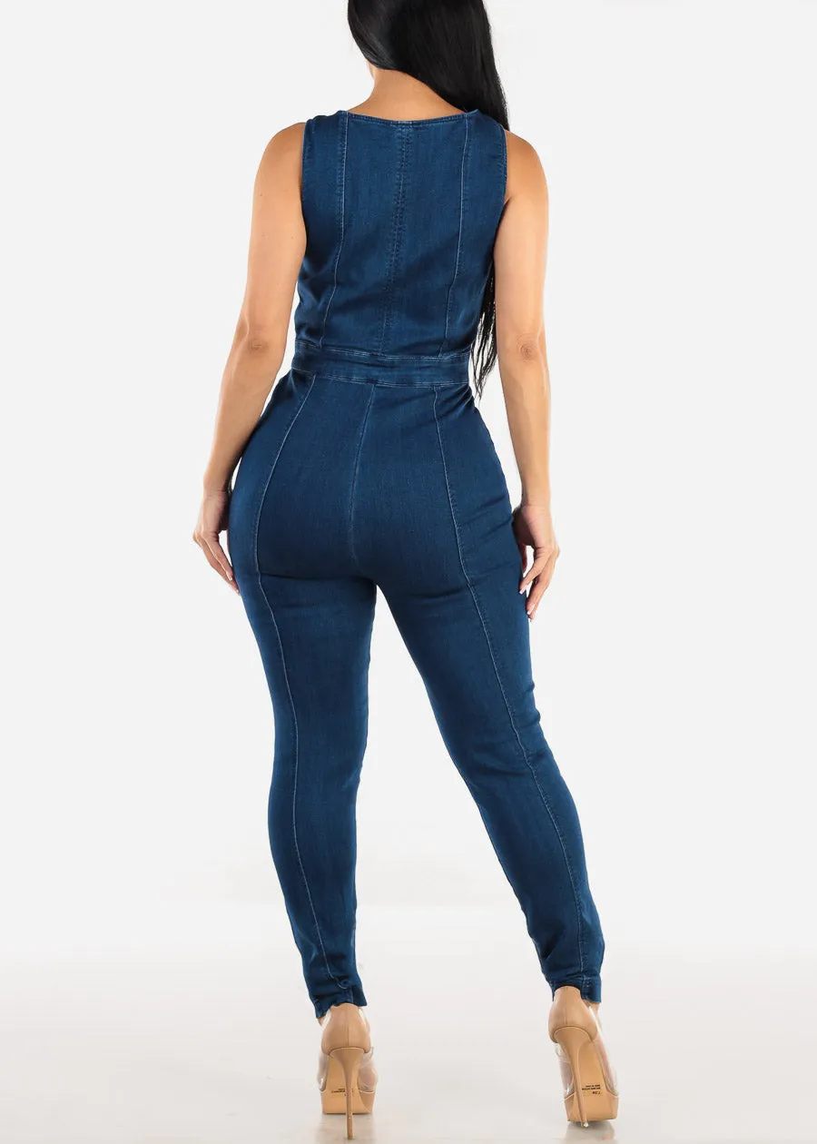 Sleeveless Zip Up Denim Jumpsuit Dark Blue sold by Moda product image thumbnail 3