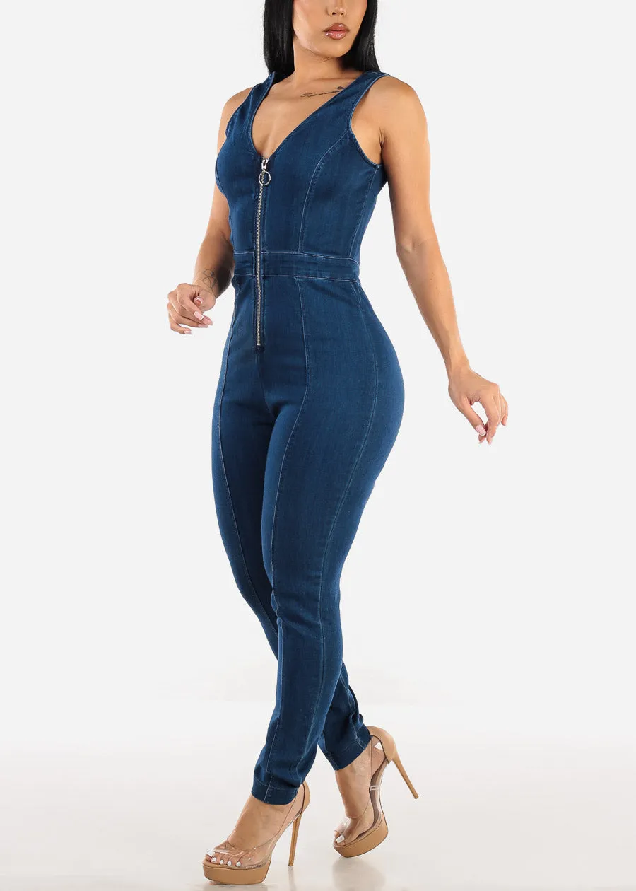 Sleeveless Zip Up Denim Jumpsuit Dark Blue sold by Moda