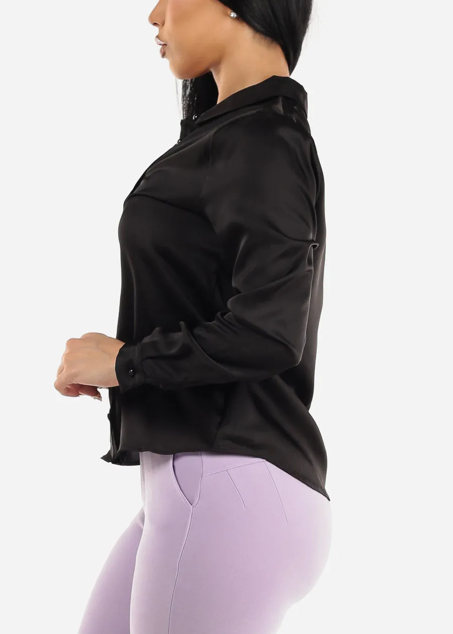 Black Long Sleeve Satin Button Up Collared Blouse sold by Moda product image thumbnail 3