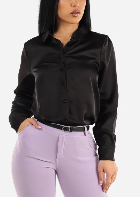 Black Long Sleeve Satin Button Up Collared Blouse sold by Moda