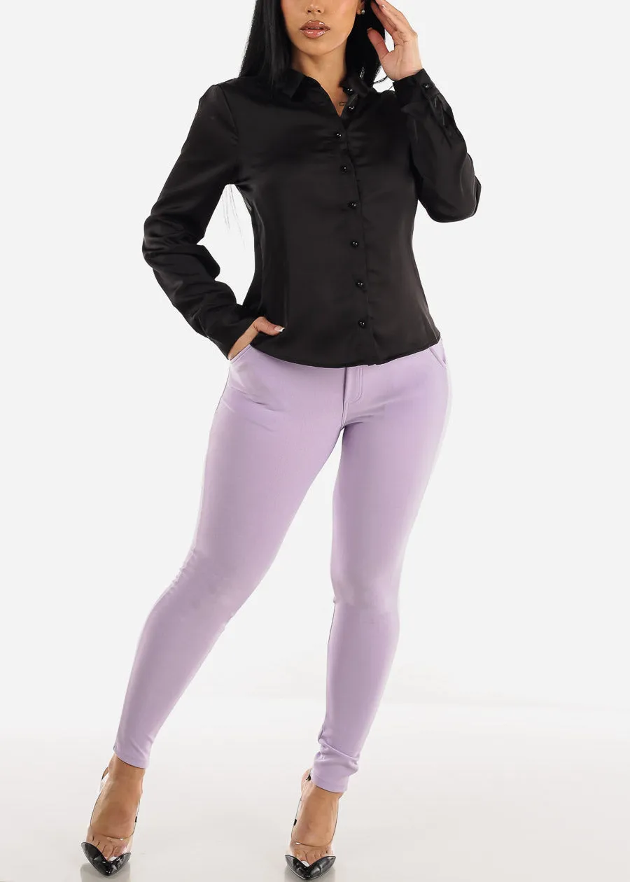 Black Long Sleeve Satin Button Up Collared Blouse sold by Moda product image thumbnail 2