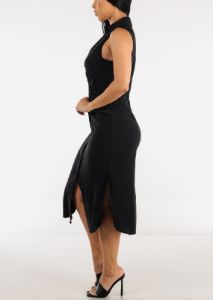 Black Sleeveless Ruched Front Collared Midi Dress sold by Moda