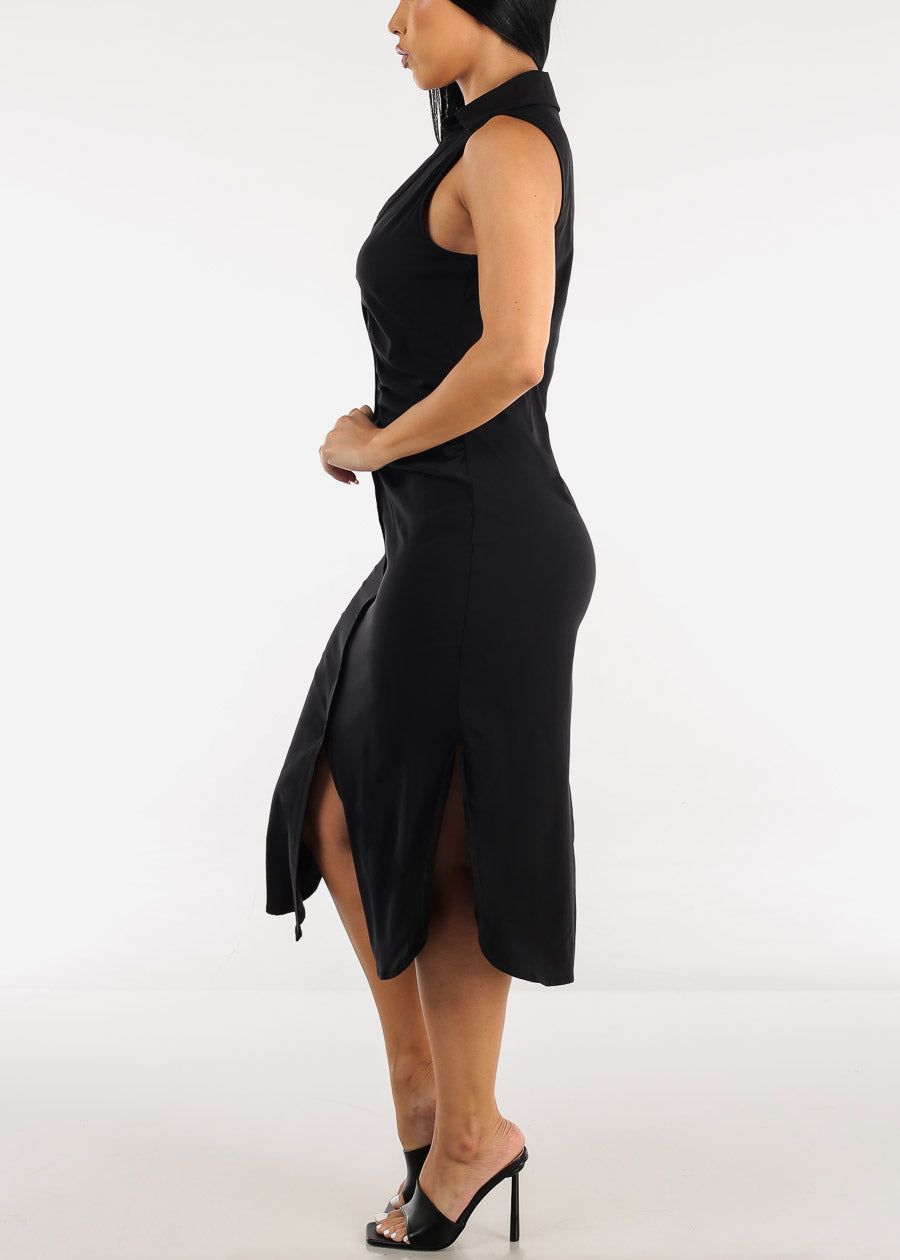Black Sleeveless Ruched Front Collared Midi Dress sold by Moda product image thumbnail 2