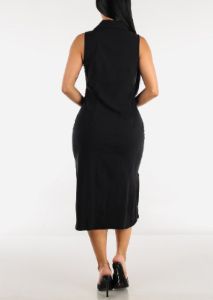 Black Sleeveless Ruched Front Collared Midi Dress sold by Moda