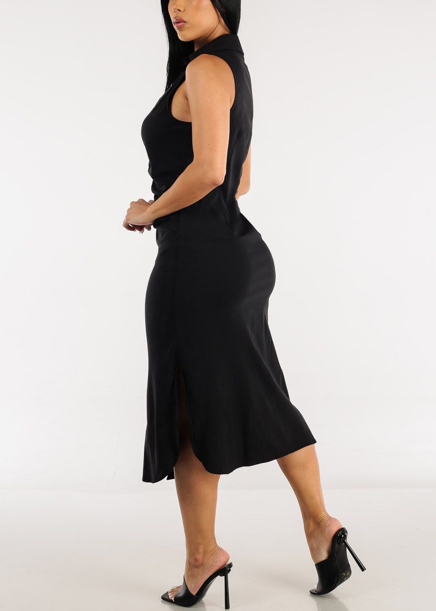 Black Sleeveless Ruched Front Collared Midi Dress sold by Moda product image thumbnail 4