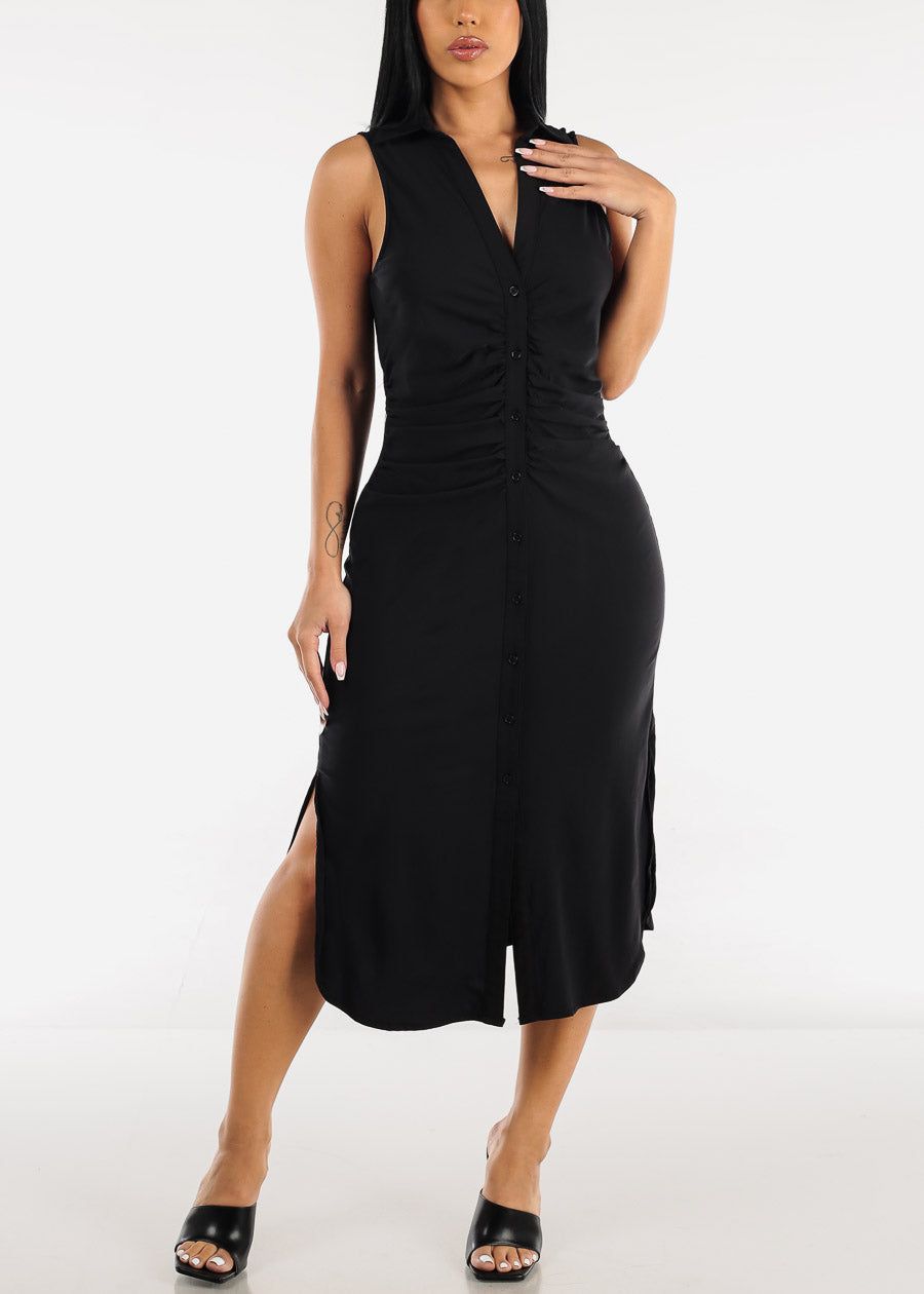 Black Sleeveless Ruched Front Collared Midi Dress sold by Moda