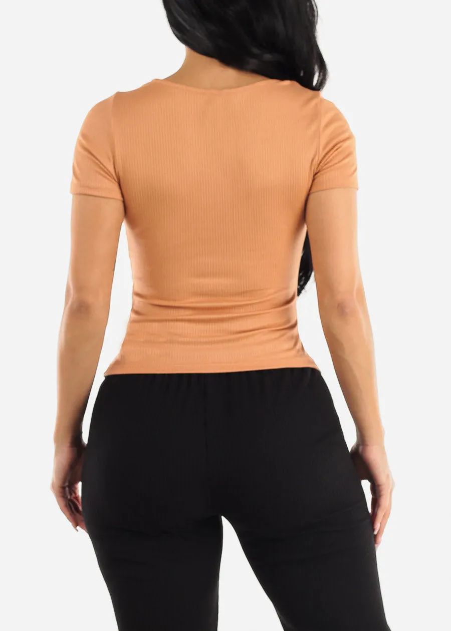 Short Sleeve Square Neck Fitted Top Peach sold by Moda product image thumbnail 4
