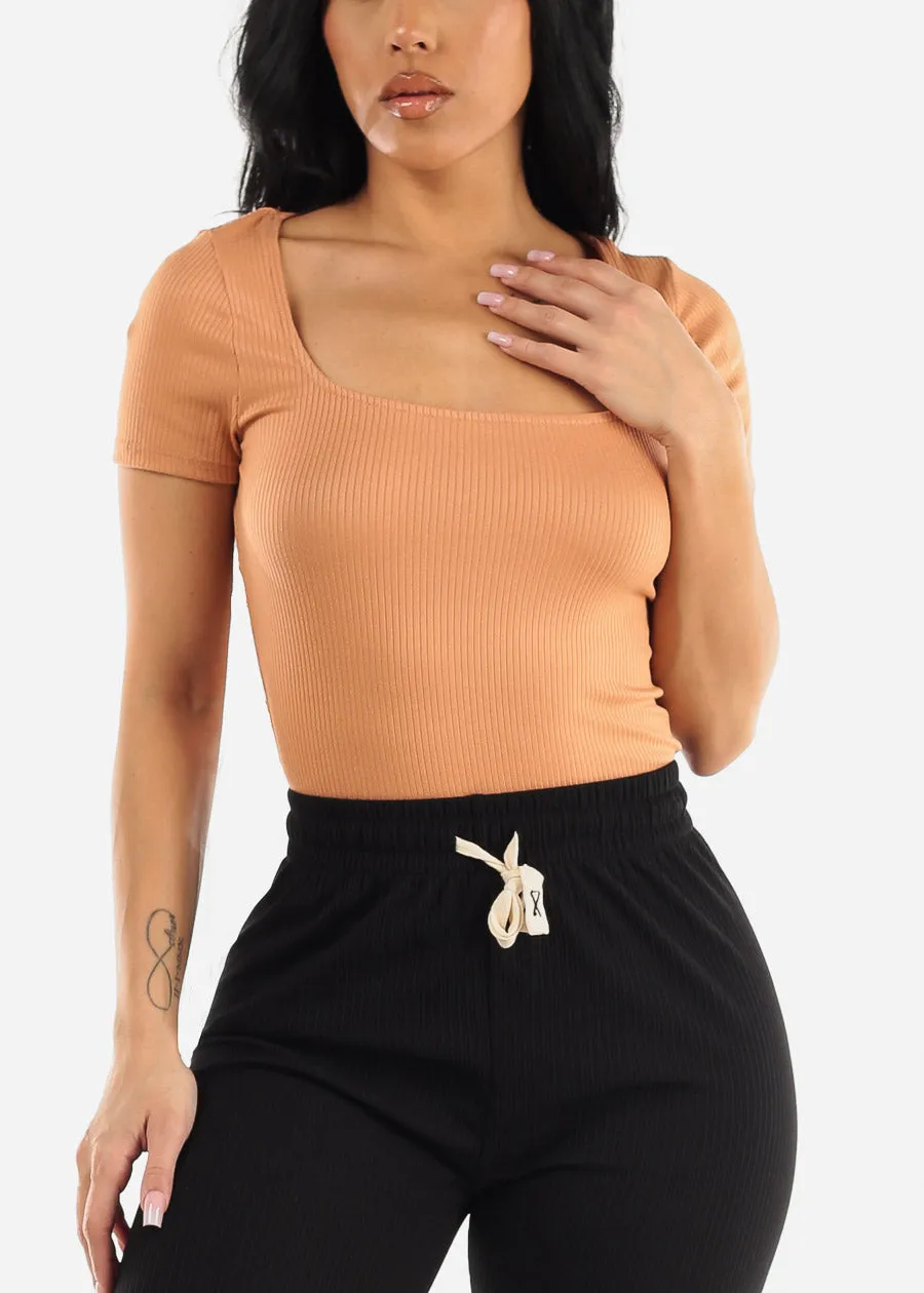 Short Sleeve Square Neck Fitted Top Peach sold by Moda