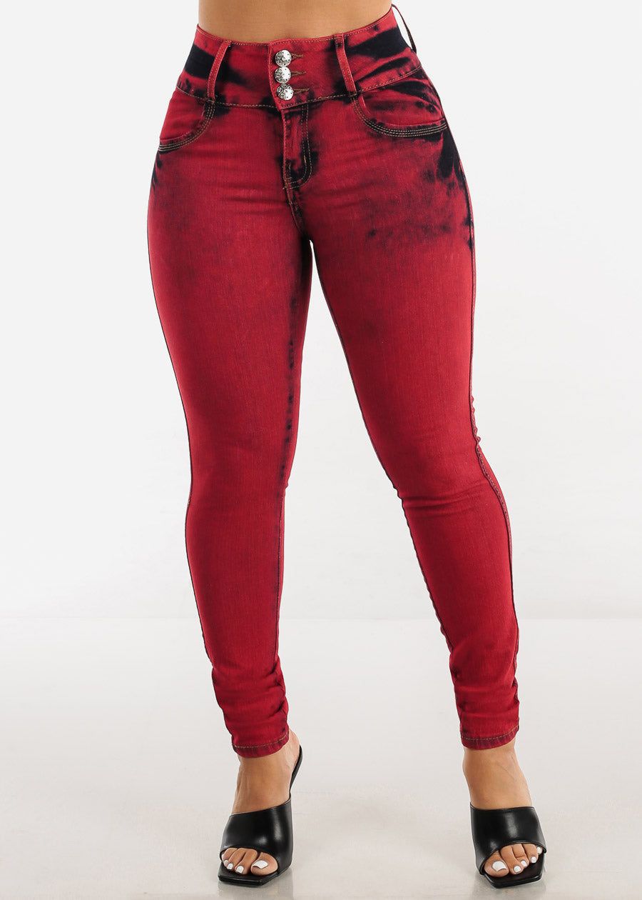 Red Acid Wash Butt Lifting High Waist Skinny Jeans sold by Moda product image thumbnail 3