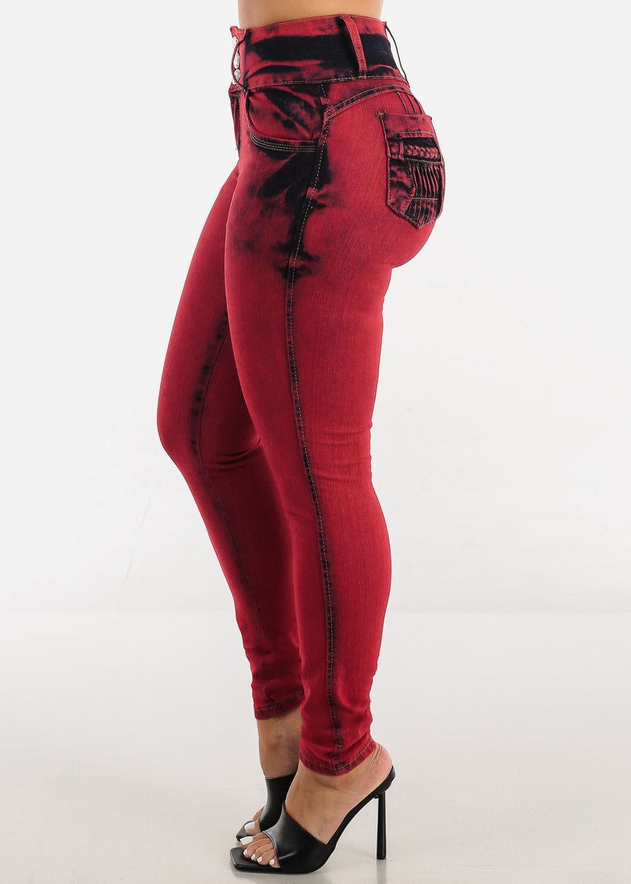 Red Acid Wash Butt Lifting High Waist Skinny Jeans sold by Moda product image thumbnail 4