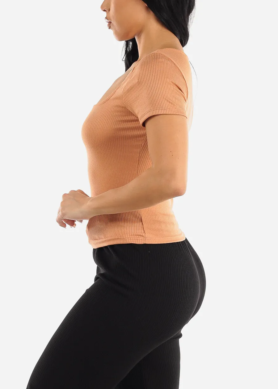 Short Sleeve Square Neck Fitted Top Peach sold by Moda product image thumbnail 3