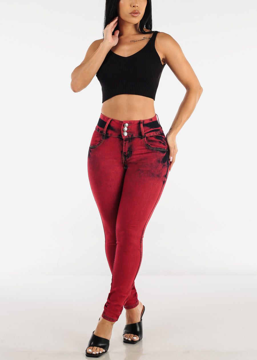 Red Acid Wash Butt Lifting High Waist Skinny Jeans sold by Moda product image thumbnail 2