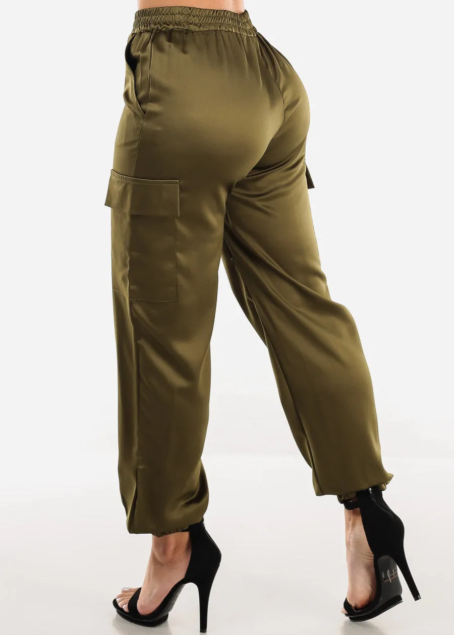 Super High Waisted Satin Cargo Jogger Pants Olive sold by Moda product image thumbnail 4