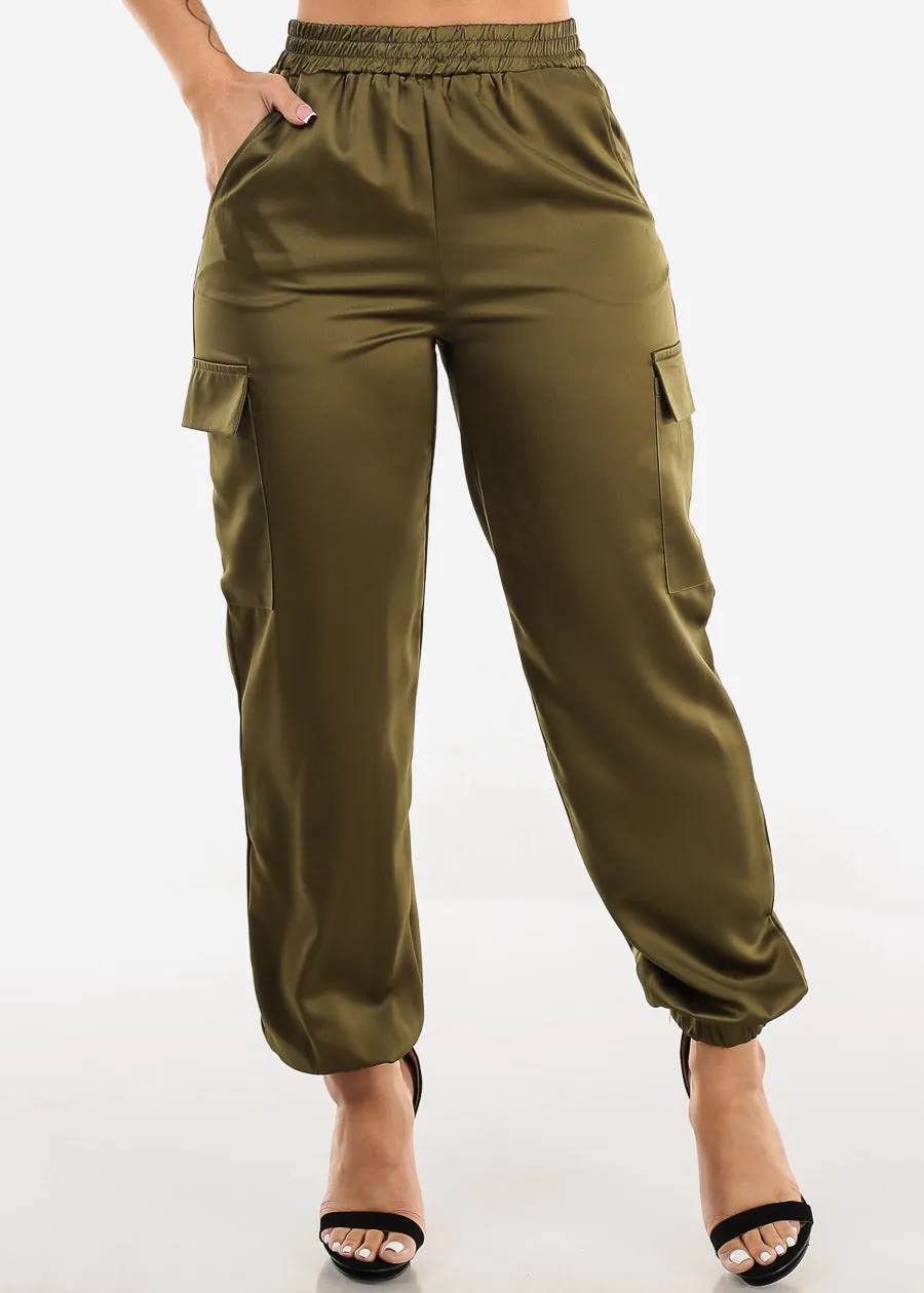 Super High Waisted Satin Cargo Jogger Pants Olive sold by Moda