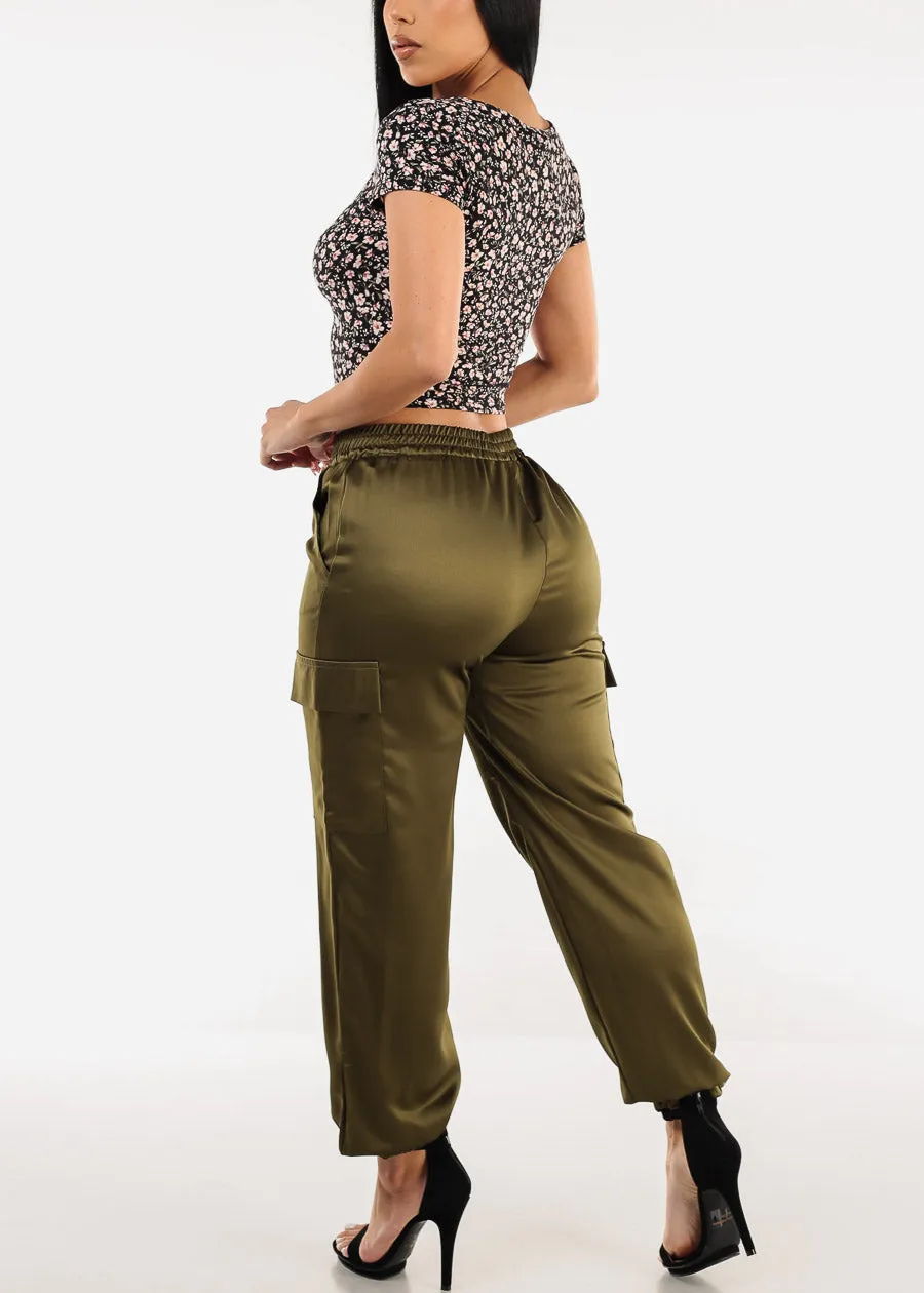 Super High Waisted Satin Cargo Jogger Pants Olive sold by Moda product image thumbnail 5