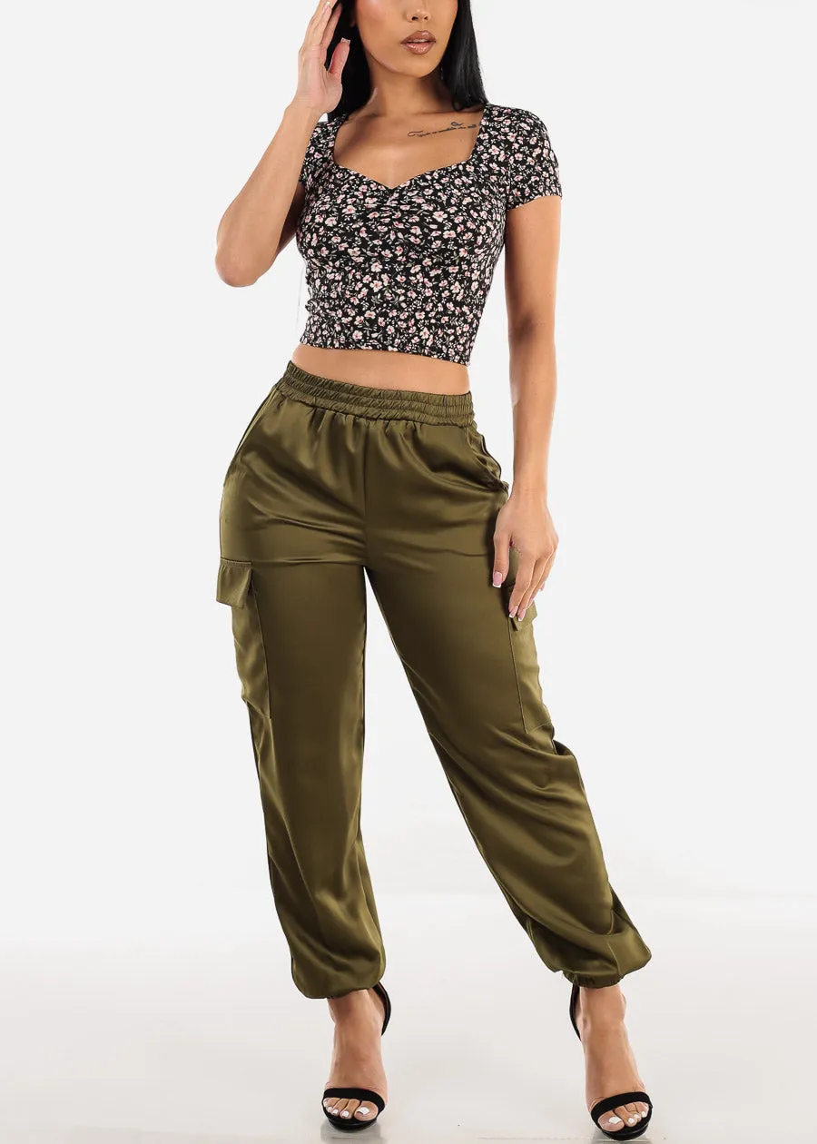 Super High Waisted Satin Cargo Jogger Pants Olive sold by Moda product image thumbnail 2