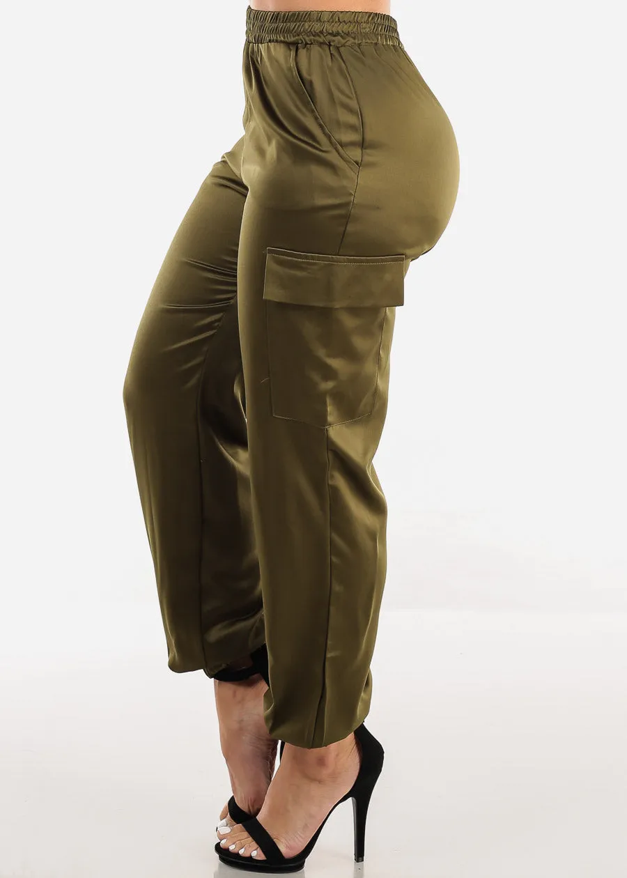Super High Waisted Satin Cargo Jogger Pants Olive sold by Moda product image thumbnail 3
