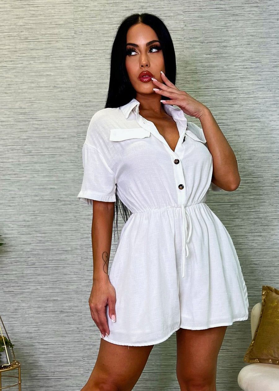 Short Sleeve Button Up Romper White sold by Moda