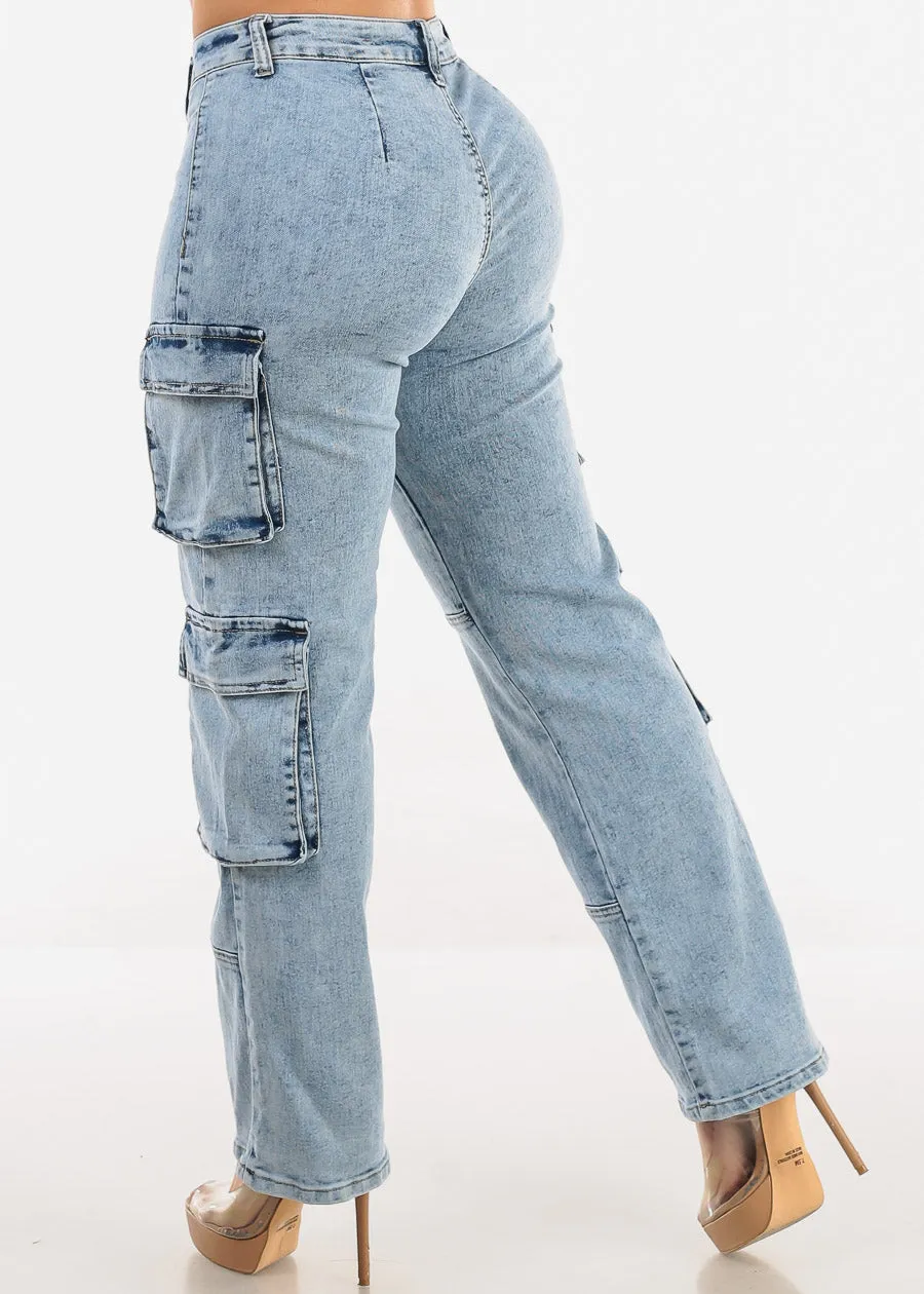 Butt Lift High Waist Acid Wash Cargo Jeans sold by Moda