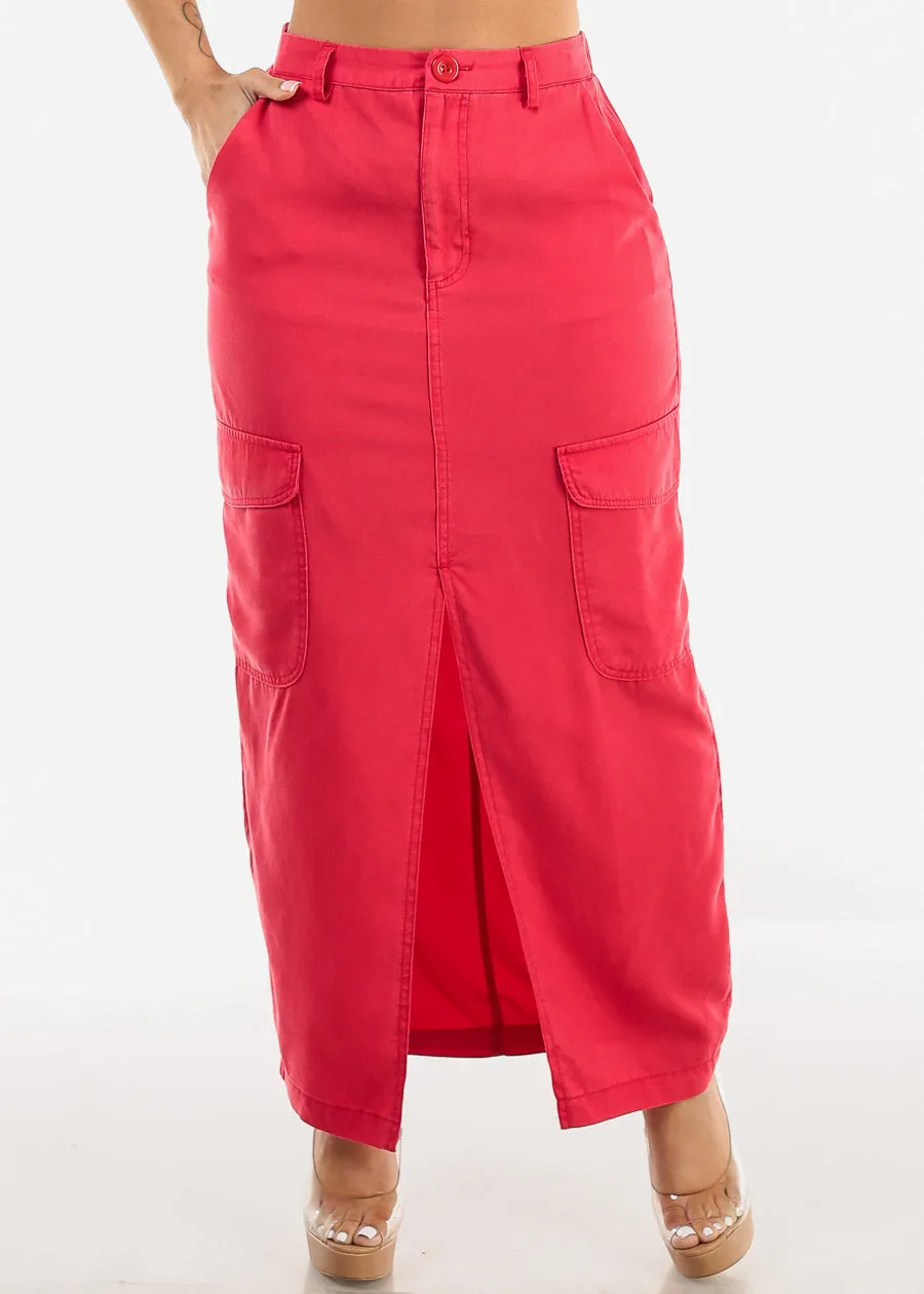 High Waisted Front Slit Cargo Midi Skirt Red sold by Moda